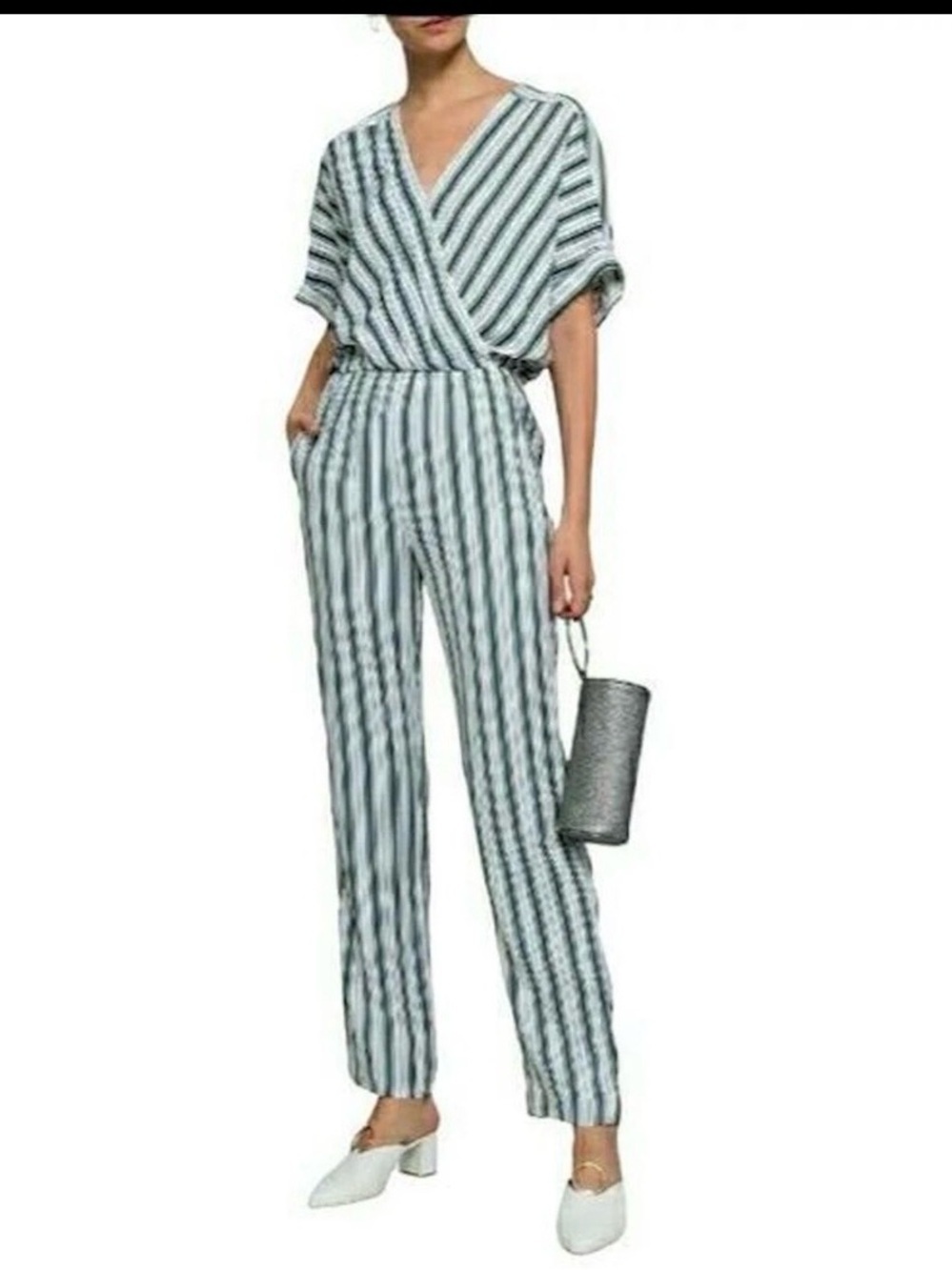 Maje Striped V-Neck Jumpsuit in Blue, Green and White (size SMALL/36)